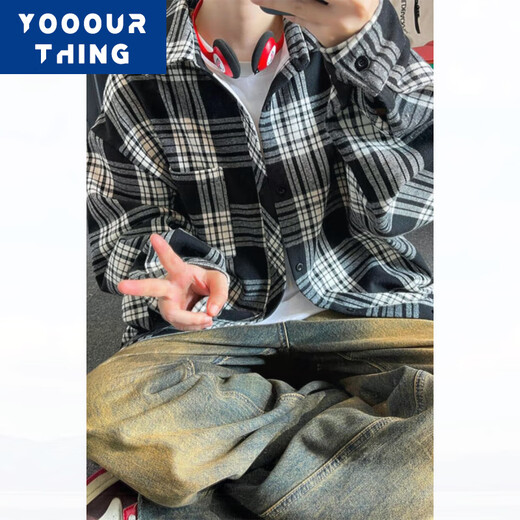YOOOURTHING美式复古格子衬衫男长袖春秋冬加绒加厚宽松情侣百搭休闲衬衣外套 CJ9735-绿格 加绒 L (建议110-130斤)