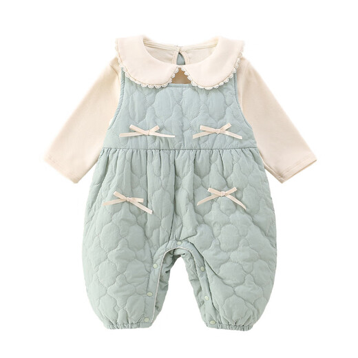 YEEHOO's new autumn and winter style baby girl's quilted overalls, stylish infant doll collar bottoming clothes, one-piece set, two-piece set, light blue overalls 73cm