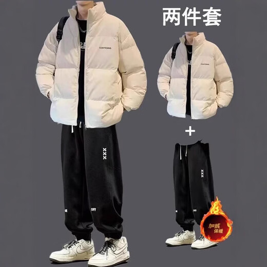 Star Reaching Boys Winter Cotton Warm Jacket Casual Boys Loose Trendy Cotton Jacket Paired with Velvet Pants Handsome Cotton Jacket Set 3-piece Cotton Jacket Black + Velvet Sweatshirt Black + Velvet Pants Black XL