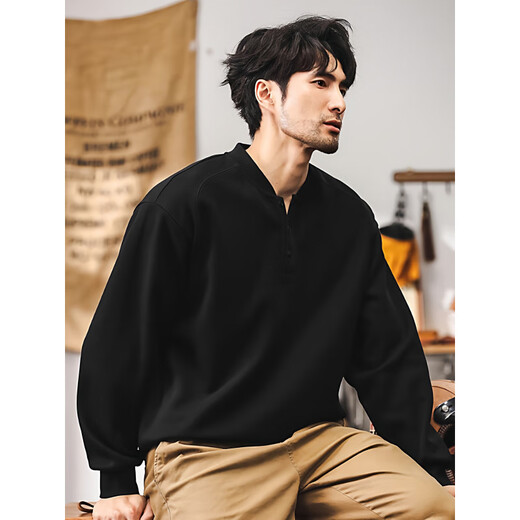 Maorong Warm Autumn American Retro Heavy Sweater Men's Autumn Trendy Henry Collar Half Cardigan Jacket Men's Spring and Autumn Long Sleeve PO Black_ 350g Heavy M _Suitable for 100-125Jin Jin is equal to 0.5 kg