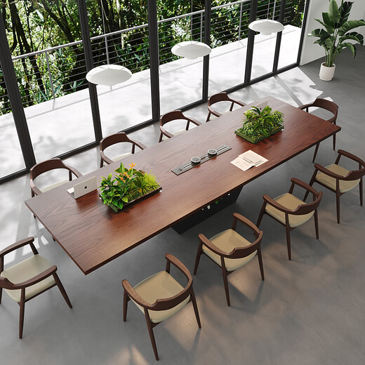Oscarden large conference room table and chair combination, light luxury and high-end solid wood large table workbench with planter slots and embedded sockets, one table and ten chairs, 3m table + Hiroshima chairs*10