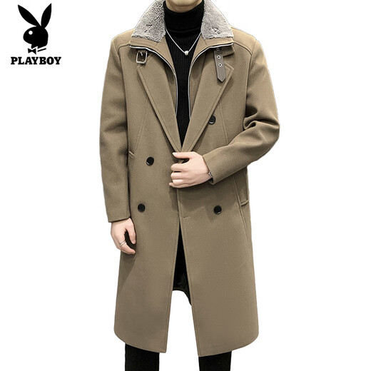 Playboy (PLAYBOY) Winter Thickened Woolen Coat Men's Mid-Length Design Fake Two-piece Warm and Cold-resistant Windbreaker Jacket with Fur Collar Khaki XL (120-140Jin Jin is equal to 0.5kg)