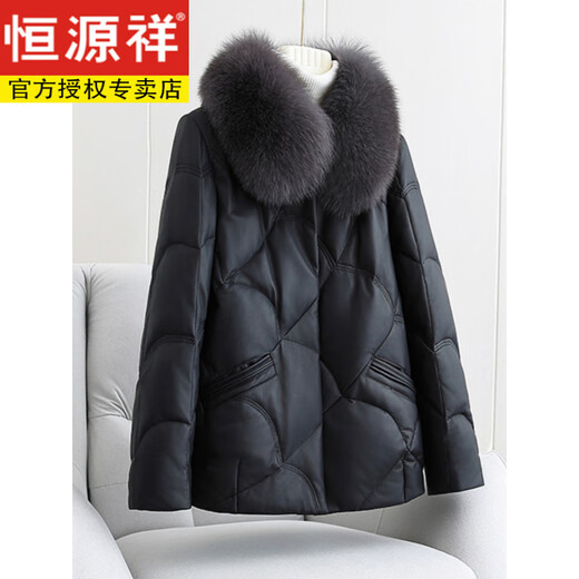 Hengyuanxiang Genuine Leather Down Jacket Women's Short 2025 Winter New Thickened Fox Fur Collar Fur Sheep Skin Mother Haining Leather Jacket Black 4XL 155-170Jin Jin equals 0.5 kg