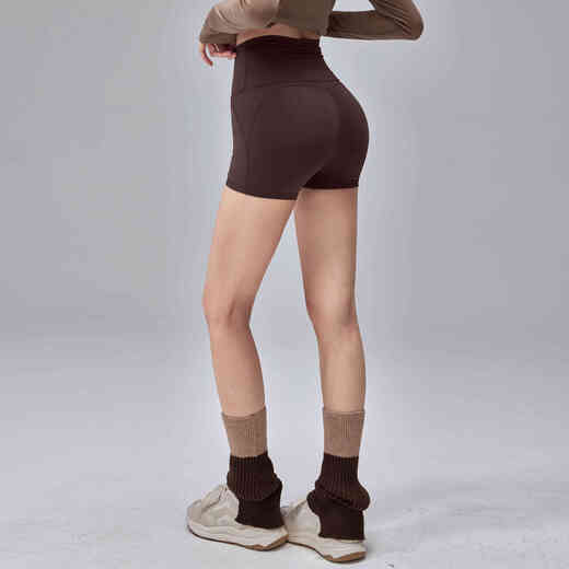 Ling Yuxun Fitness Girl Nude High Waist Yoga Shorts Summer Quick-Drying Dry Butt Lifting Pilates Training Sports Three-Point Pants Chestnut Coffee (no underwear required) S