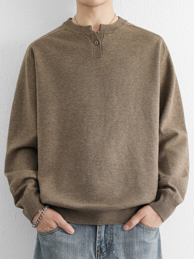 Xiaohongshu's hot style simple Henry collar sweater for men in autumn and winter solid color old money style loose sweater V-neck retro floral brown M115Jin Jin is equal to 0.5kg or less, one size fits all