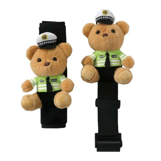 Car child safety belt traffic police bear protective cover fixed adjuster anti-strangle cartoon baby shoulder pad set blue bear child safety belt holder