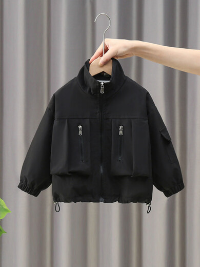 男童外套秋装2025新款春秋痞帅男孩立领上衣大儿童秋季连帽夹克潮 黑色 cm 90