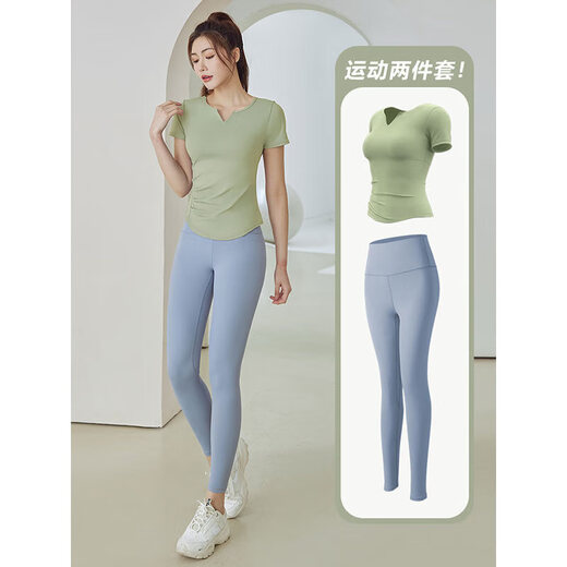 Yoga clothes for women 2025 new summer running Pilates training professional large size sports fitness short-sleeved top suit short sleeves + yoga pants cardamom green + gray lake blue XL suitable for 115-130 Jin Jin equals 0.5 kg