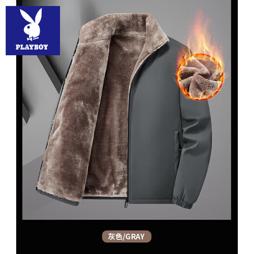 Playboy Brand Men's Clothing Dad's Clothing 2025 New Autumn and Winter Clothes Cotton Jackets Casual Velvet Thickened Clothes for the Elderly Gray L