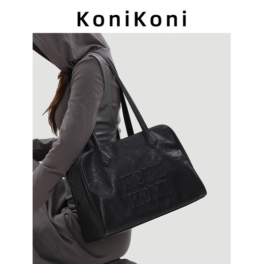 KONIKONI Women's Handbag Large Capacity Shoulder Bag Genuine Leather Bowling Tote Bag Women 2026 New Autumn and Winter Boston Black