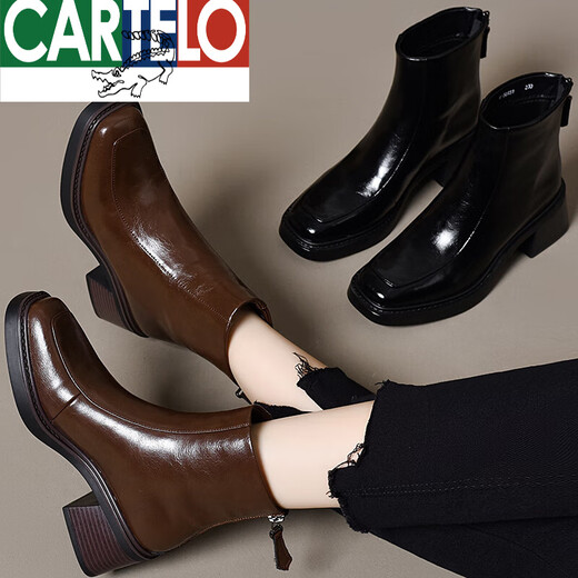 Cardile Crocodile British Style Martin Boots Women's 2025 New Autumn and Winter Square Toe Medium Heel Thick Heel Plus Velvet Ankle Boots Retro Genuine Leather Short Boots High Top Black Single Mile High Top 34