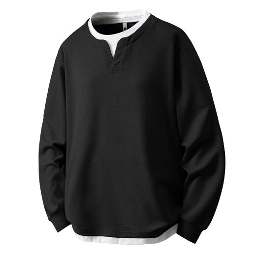 Love Noble 971 Large Size Long Sleeve T-Shirt Men's Fake Two-Piece Henley Collar Casual Loose Sweatshirt with Bottoming Shirt Autumn Black One Size 1XL (170Jin Jin is equal to 0.5kg -220Jin Jin is equal to 0.5kg)