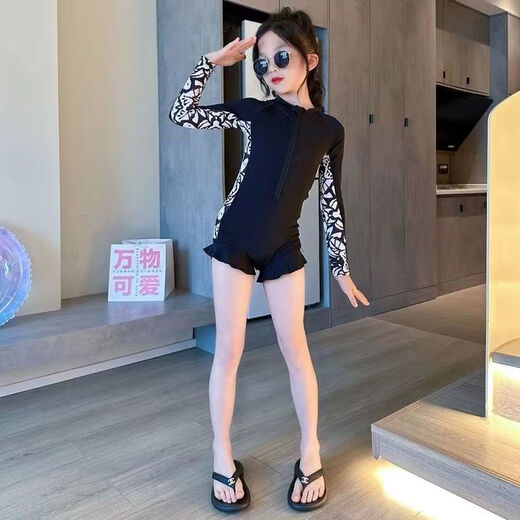 Girls swimwear 2025 new children's long-sleeved sunscreen quick-drying swimsuit for middle-aged and older girls one-piece swimming suit swimsuit plus swimming cap 140 140cm
