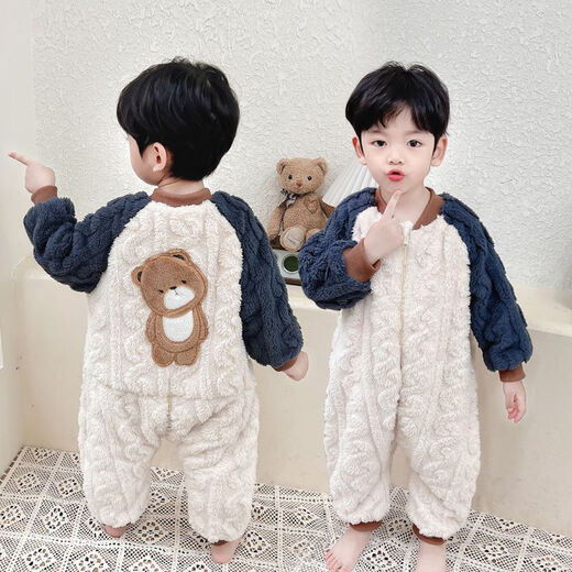 Children's one-piece pajamas autumn and winter flannel double-layer thickened baby baby sleeping bag boy's coral velvet anti-kick 1 picture color 90