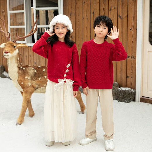 Little Bear Elf (xiaoxiongjingling) parent-child outfit family portrait red national style sweater mother and daughter autumn and winter New Year clothes street sweater father and son twist top men's twist sweater/women's bow sweater 175 mother size L (recommended weight 105-120Jin Jin equals 0.5 kg)