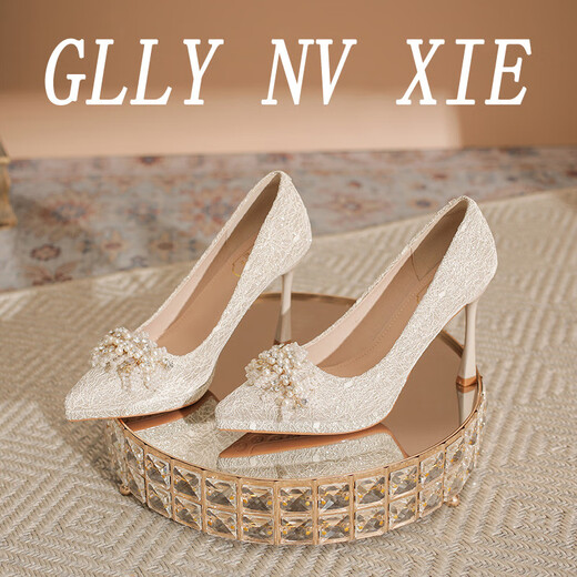 French pearl platform high-heeled shoes for small women, thick-soled single shoes, wedding dress, stiletto heels, wedding shoes for daily wear, champagne color 8CM, main picture 34