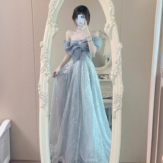 One-shoulder evening dress for women, banquet style, light luxury, niche high-end host, adult ceremony, tutu skirt dress, light blue S