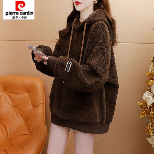 Pierre Cardin velvet thickened hooded sweatshirt for women new autumn and winter loose design trendy brand lamb wool jacket 9031-apricot plus velvet M 80-110Jin Jin equals 0.5 kg
