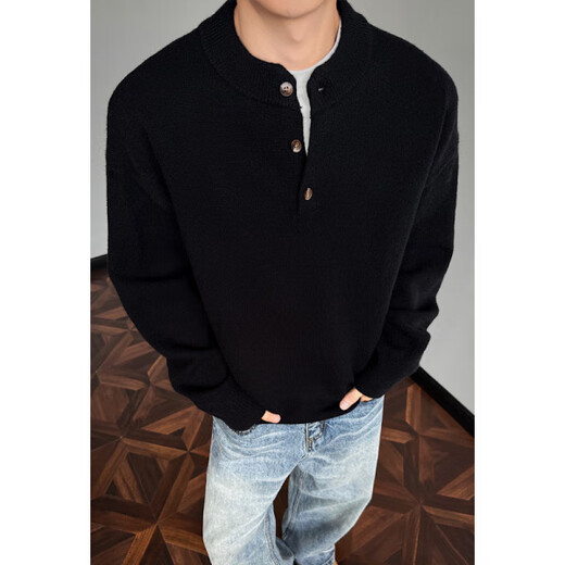 LESS IS MORE Lilang Old Money Style Henley Collar Sweater Men's Spring and Autumn Loose Trendy Heavyweight Knitwear Trendy Brand-Sound Teen Jacket Floral Gray M