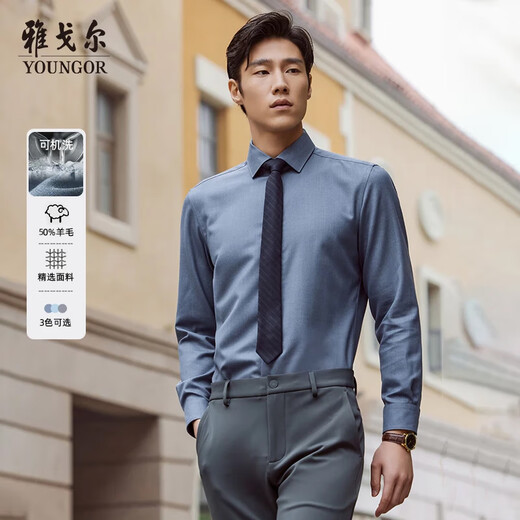 雅戈尔（YOUNGOR）【50%绵羊毛可机洗】25秋冬新商务休闲长袖衬衫男 浅蓝素色 41