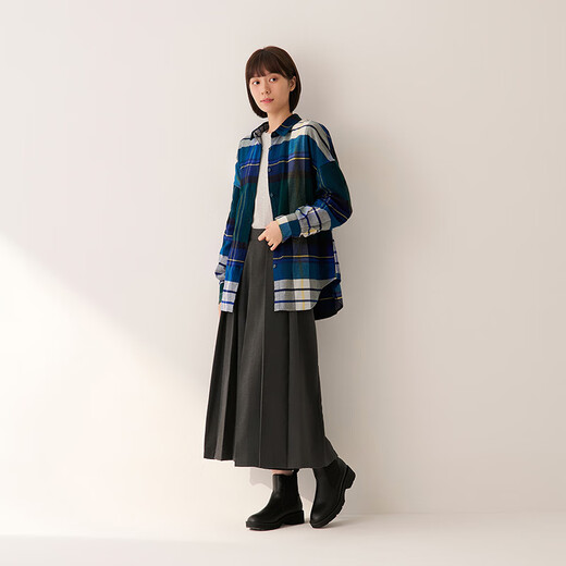 MUJI Women's Flannel Shirt Collar Wide Long Sleeve Shirt Women's Plaid Shirt Jacket 25 Winter Women's Green Plaid S (155/80A)