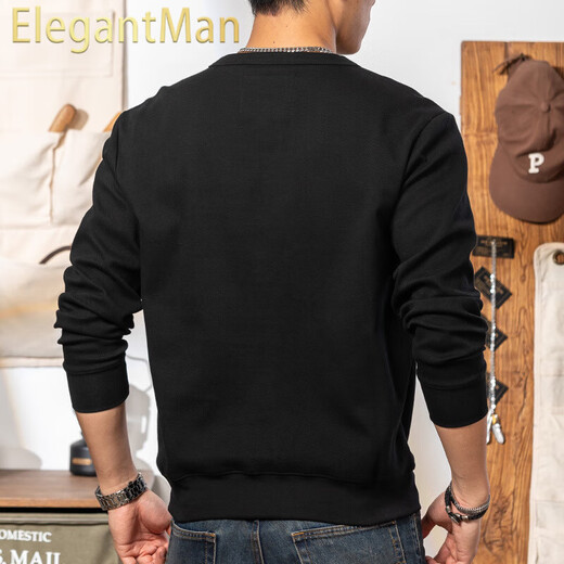 ElegantMan Black 350g Heavyweight Henley Collar Sweatshirt Men's 2025 Winter Season American Retro Henley Shirt Bottoming Long Sleeve Black M