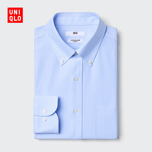UNIQLO men's high-performance slim-fit anti-wrinkle striped knitted shirt long-sleeved shirt commuting 25 autumn and winter 478066 63 sky blue L /175/100A
