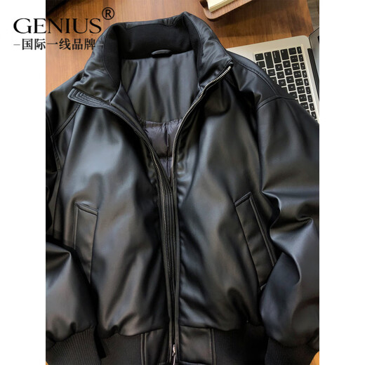 GENIUS international first-line brand plant protein soft leather thickened 90 white duck down motorcycle leather jacket men's winter new style black 90 white duck down warm and loose version 3XL 170-195Jin Jin equals 0.5 kg
