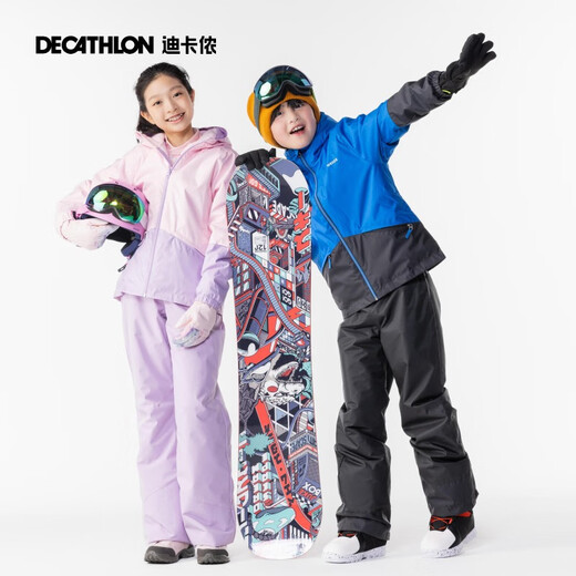 Decathlon (DECATHLON) children's ski pants suspenders thickened waterproof and warm boys and girls single board double board pants KIDK official flagship purple one size 145 12-14 years old