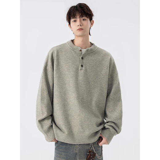 Cotton snow gray American Henry collar sweater for men autumn and winter 2025 new thickened warm sweater jacket with sweater inside light gray L 165CM-175CM