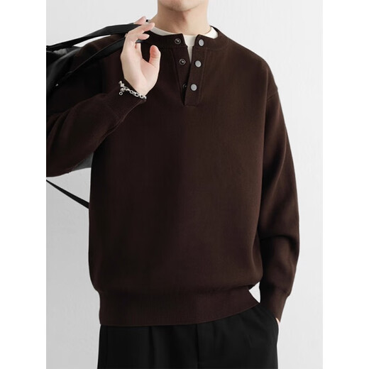 Xiao Hui Li Jia American old money style sweater men's autumn and winter lapel cotton Henry collar sweater thickened polo bottoming sweater dark coffee M _115Jin Jin is equal to within 0.5 kg