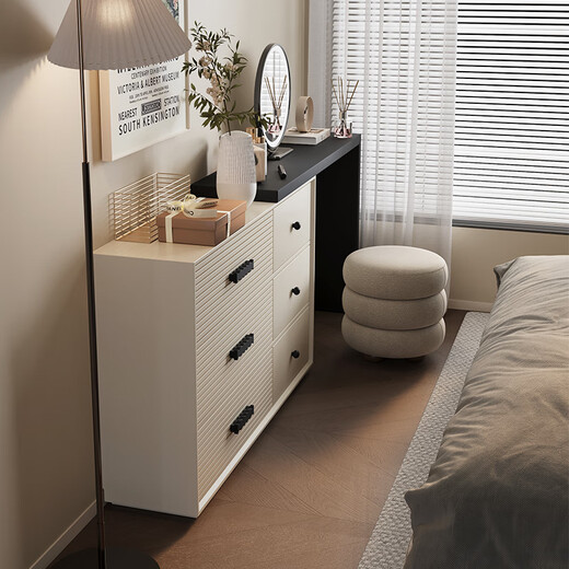 Pinyou French Master Bedroom Extremely Narrow Dressing Table and Cabinet Integrated Small Apartment High-Level 30cm Ultra-Thin Bedside Retractable Dressing Table Upgraded Model - ENF Grade Solid Wooden Board 1 Meter Dressing Table + 1.2 Meter Six Drawer Cabinet + Makeup Stool