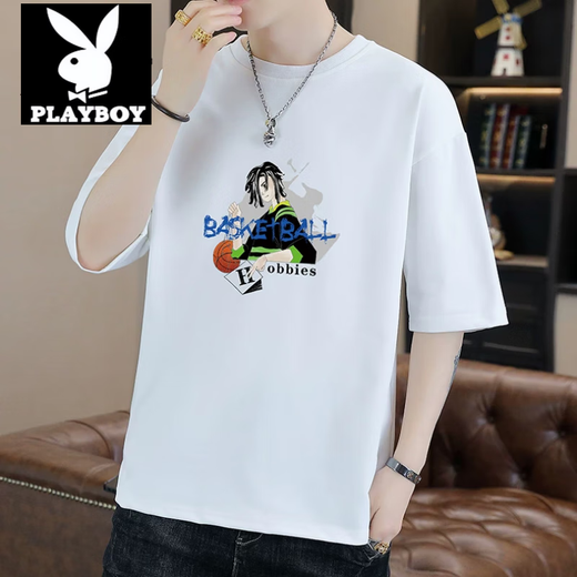 花花公子（PLAYBOY）潮流纯色男士圆领宽松T恤2025夏季新款潮流帅气青年五分袖体恤衫 T9902白色 M