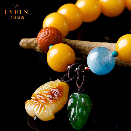 Layun Feiyin collectible chicken fat yellow beeswax bracelet for women full honey amber bracelet original design with jasper leaves for gift collection 10mm beeswax (with certificate)