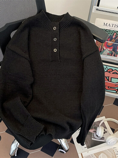 Xiaohongshu’s most popular purchase product heavy weight henley collar sweater men’s autumn and winter pullover sweater youth cover dark gray M one size