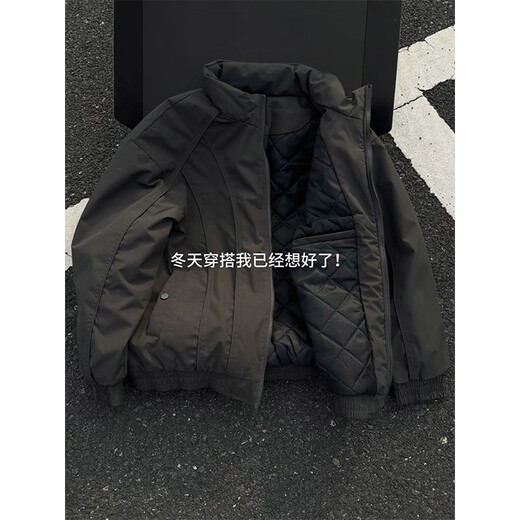 She Manlai cleanfit deconstructed stand-up collar down cotton jacket men's winter high-end bomber jacket thickened cotton jacket black cotton jacket 2XL