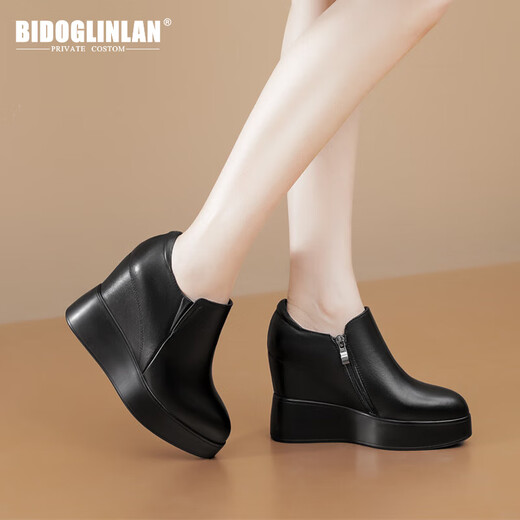 Bidu Greenland brand inner heightening black leather shoes for women invisible inner wedge shoes for all seasons 10 cm high heels platform platform thick sole women's shoes black 36 (230mm)