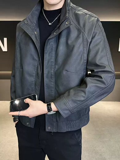 Jiayu leather men's jacket autumn and winter 2025 new trendy brand stand collar men's high-end handsome motorcycle leather jacket coffee color plus velvet style M M