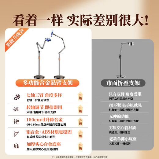 Shuotu 2025 New Live Broadcast Special Mobile Phone Stand Floor-standing Overhead Photography Mobile Phone Stand with Radiator Tablet iPad Lazy Bedside Stand Multifunctional 360 Degree Rotation Photography and Video 1.7 Meters Black Double Arm Model Three-Axis Support + Mobile Phone