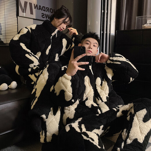 Victoria's style new couple's pajamas for women in winter, three-layer thickened quilted, coral velvet warm home clothes for men and women, dark gray zipper, M female (recommended height 150-155cm, weight 80-90Jin Jin equals 0.5 kg