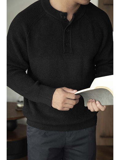 American heavyweight widened frame feeling 7 knitting henley sweater anti-wrinkle warm men's autumn and winter matte blue gray S S