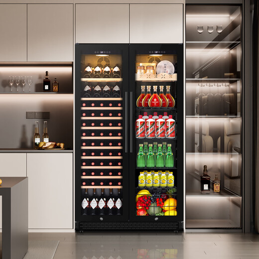 TYLZA double-door red wine cabinet ice bar large capacity thermostatic cabinet can be embedded in air-cooled frost-free dual-temperature household wine and tea refrigerator villa commercial display cabinet TW-418 1.91m high left wine cabinet + right wine cabinet