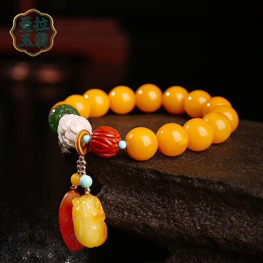 Manla Jade Pei Natural Beeswax Bracelet Female Chicken Oil Yellow Single Circle DIY Bracelet Amber Lucky Small Pixiu Beads 11mm Beeswax Beads About 11mm 13pcs