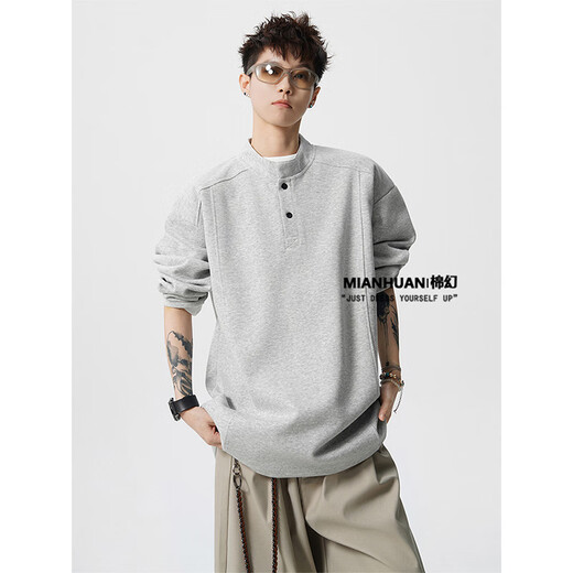 Cotton illusion MIAN HUAN American heavyweight right shoulder deconstructed sweatshirt for men in autumn and winter loose and trendy inner layering shirt Henry collar long-sleeved T-shirt dark heather gray M