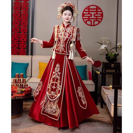 Yuandi Xiuhe dress bride 2025 new wedding Chinese style toasting dress small dragon and phoenix gown autumn tassel Xiapei upgraded version free butterfly headdress M