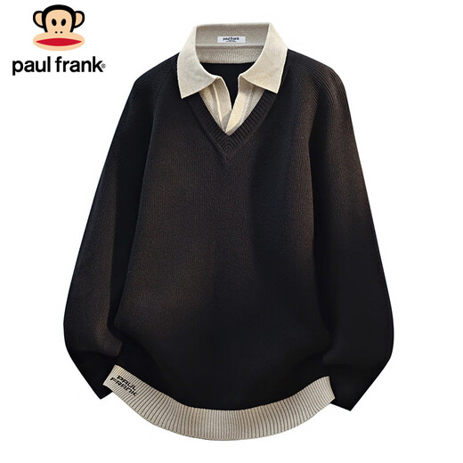 Big mouth monkey (paul frank) sweater men's winter fake two-piece knitted sweater men's warm base shirt top woolen clothes black XL