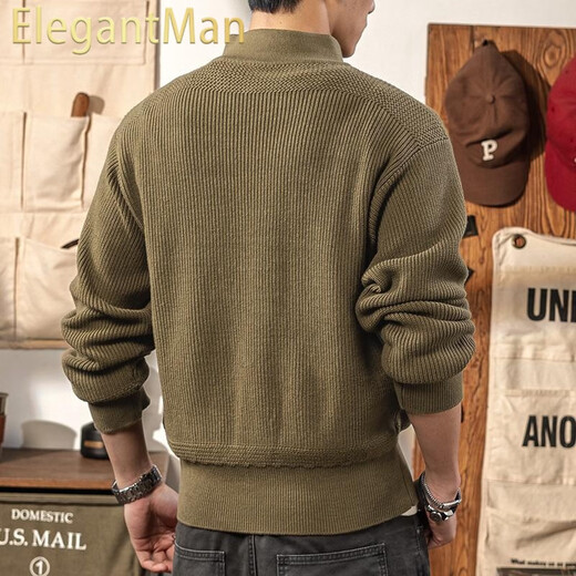ElegantMan American retro Henry collar sweater men's khaki 2025 winter new thickened warm knitted bottoming shirt Henry shirt green khaki S