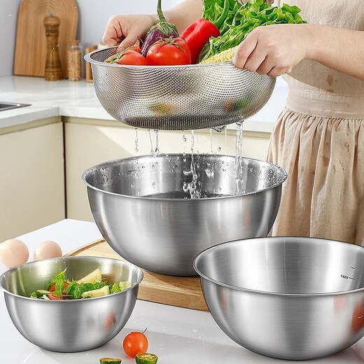Thickened stainless steel drain basket, vegetable basin, leaky basin, household rice washing basin, rice sieve, vegetable basket, fruit basket, 25.5cm drain basket + 28cm multi-purpose basin, two-piece set