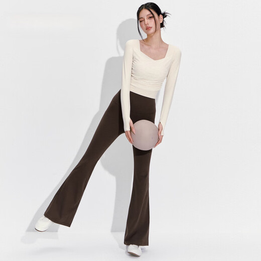 Maizun Yufu fixed chest pad yoga sports long-sleeved tops abdominal control Pilates training fitness pants suit women's autumn and winter ivory white long sleeves + ebony brown micro-flared trousers S