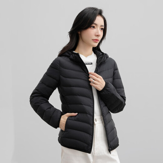HY&CO Light Warm Down Jacket Women's Winter Short Commuting Fashion Solid Color Slim Versatile Hooded Jacket Black XL